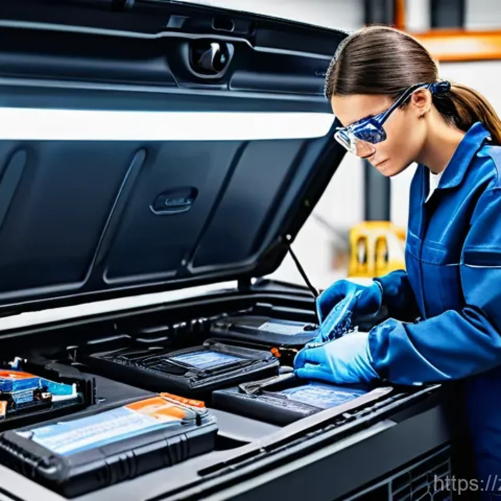 자동차정비사 경력 개발 로드맵 - **Prompt 1: New Energy Vehicle Battery System Inspection**
A skilled female technician, dressed ...