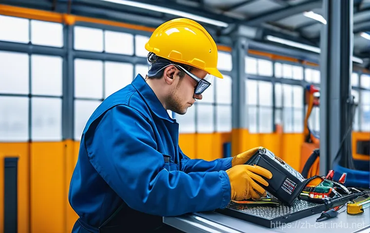 자동차정비사 필수 교육 프로그램 - **Prompt:** A highly skilled automotive technician, wearing full personal protective equipment inclu...