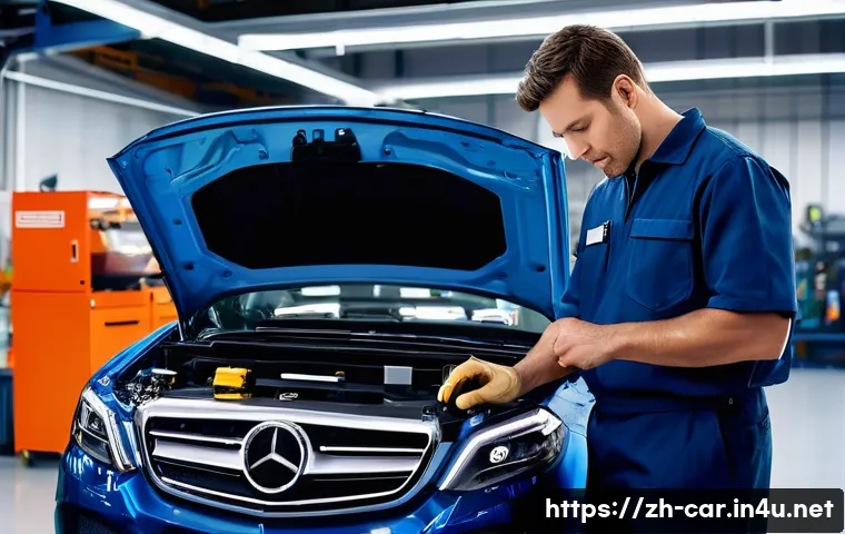 자동차정비 실무에 필요한 디지털 도구 - **Prompt**: A highly skilled male automotive technician in his late 30s, with short, neat hair and a...