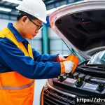 자동차정비사와 친환경 차량 정비의 미래 - A highly skilled Chinese automotive technician, in their late 40s or early 50s, wearing a clean, mod...