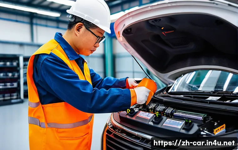 자동차정비사와 친환경 차량 정비의 미래 - A highly skilled Chinese automotive technician, in their late 40s or early 50s, wearing a clean, mod...